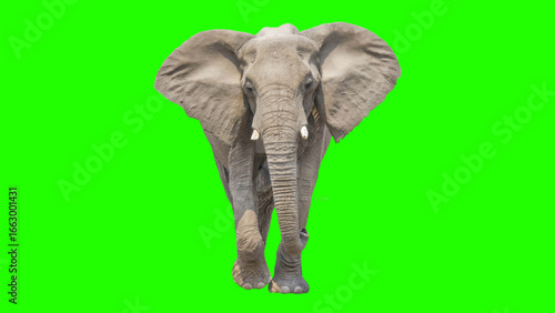 A large gray elephant stands facing forward against a bright green background.