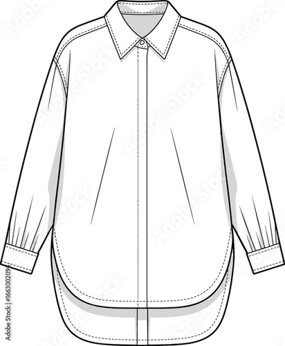 CAD Drawing of a Woman's Long Sleeve Button-Up Shirt with Yoke and Shirttail Hem, Flat Vector Illustration for Fashion Design