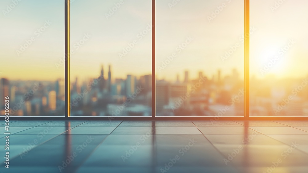 Fototapeta premium Cityscape Floor - to - Ceiling Windows, Sunset Office Space Background (for Architectural Design, Office Scenes, Real Estate Marketing Material)