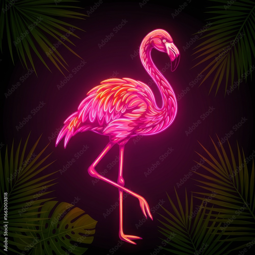 Obraz premium Pink Neon Flamingo with Tropical Palm Leaves on Dark Background Art