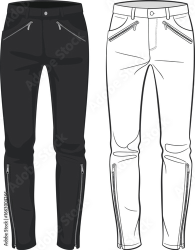 Fashionable skinny pants, CAD drawing, flat vector illustration, front view, zipper details, black and white, stylish design, apparel, clothing, fashion sketch, technical garment,