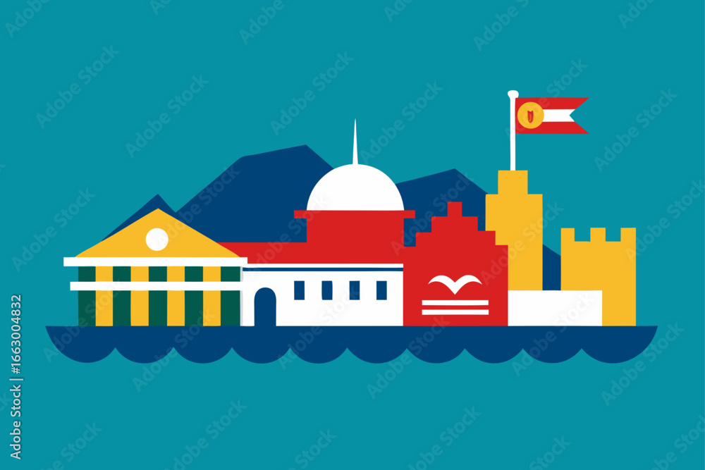Obraz premium vector illustration of mosque with flag