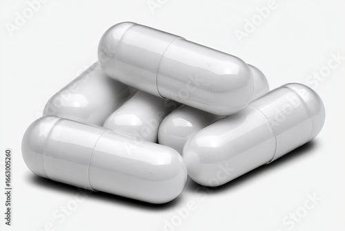 Aesthetic composition of glossy white capsules arranged for pharmaceutical context emphasizing health innovation and wellbeing encapsulated in a modern design concept of contemporary healthcare