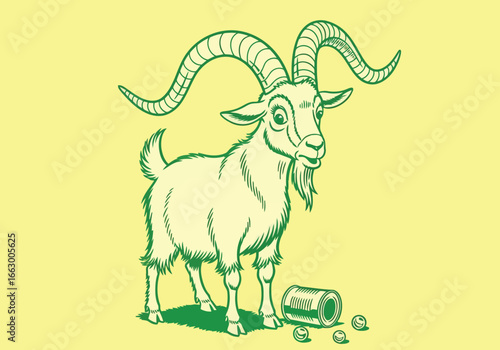 A humorous illustration of a goat standing near a can with a yellow background