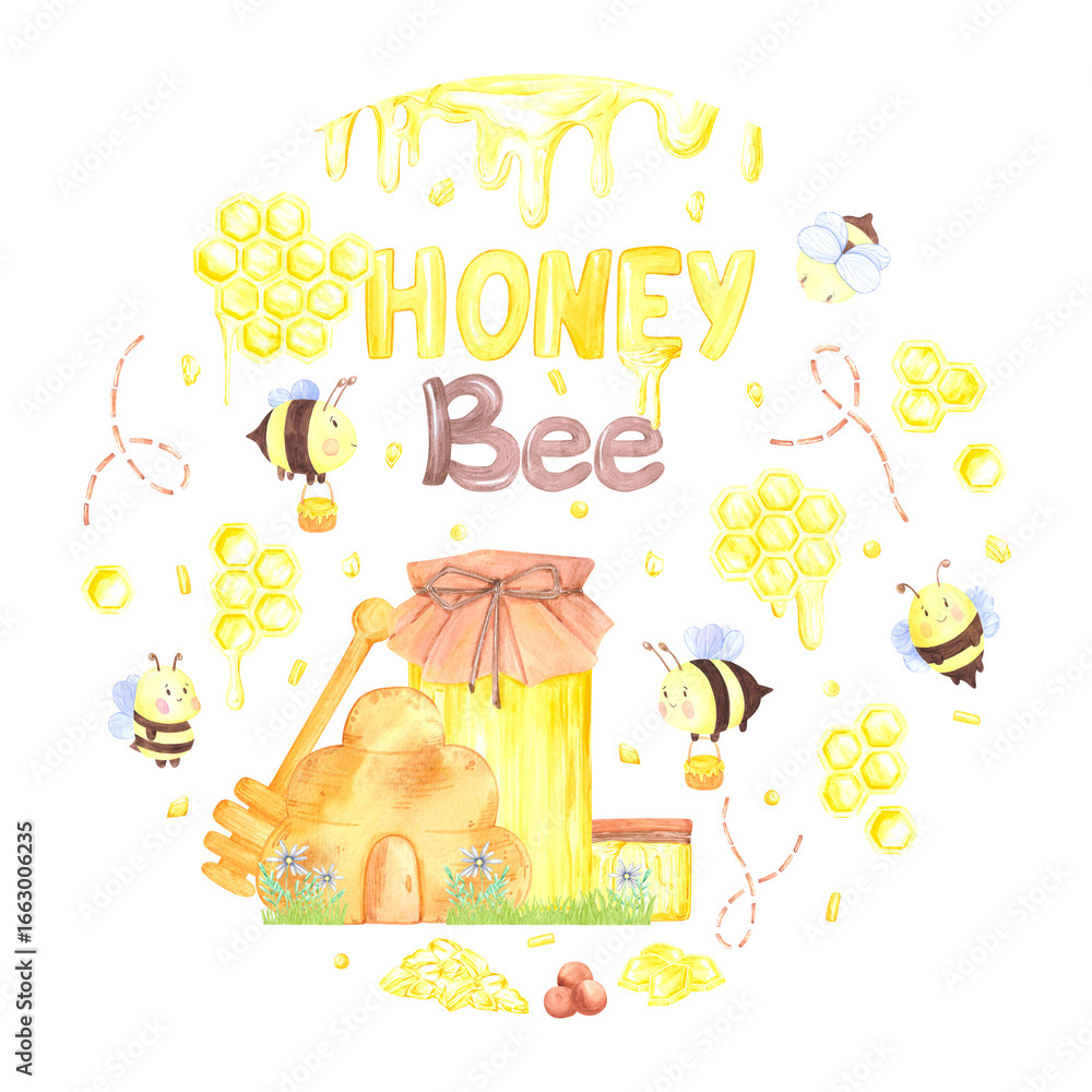 Fototapeta premium Golden honey hive comb jars bees round label, hand drawn watercolor illustration isolated on white background. Can be used for cards, stickers and other printed products.
