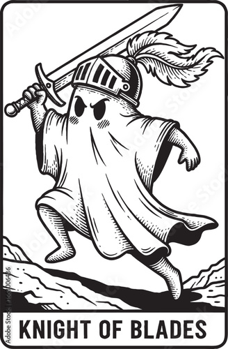 Knight Ghost Charging with Sword on Cliff in Windy Sky on Knight of Blades Tarot Card