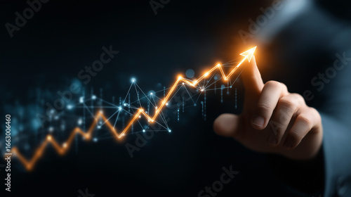 A futuristic scene showing business growth and data analysis powered by advanced technology, featuring glowing charts, graphs, and digital interfaces symbolizing innovation and success.