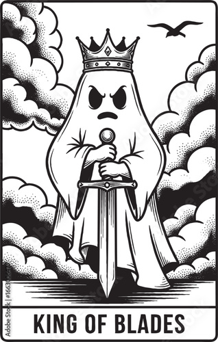 Regal Ghost King Holding Sword on King of Blades Tarot Card with Crown and Clouds