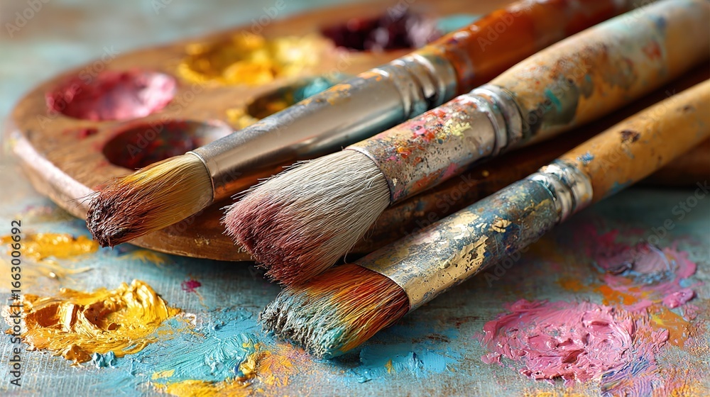 Obraz premium Used paintbrushes with colorful paint marks, closeup