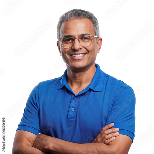 Confident middle-aged Indian man with glasses smiling brightly with arms crossed in a casual blue polo shirt on an isolated transparent background.