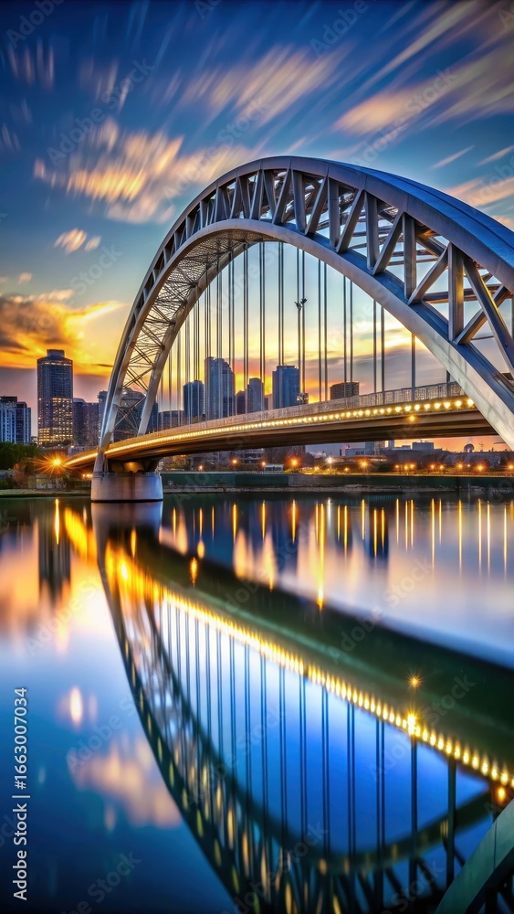 Obraz premium Modern steel arch bridge at dusk