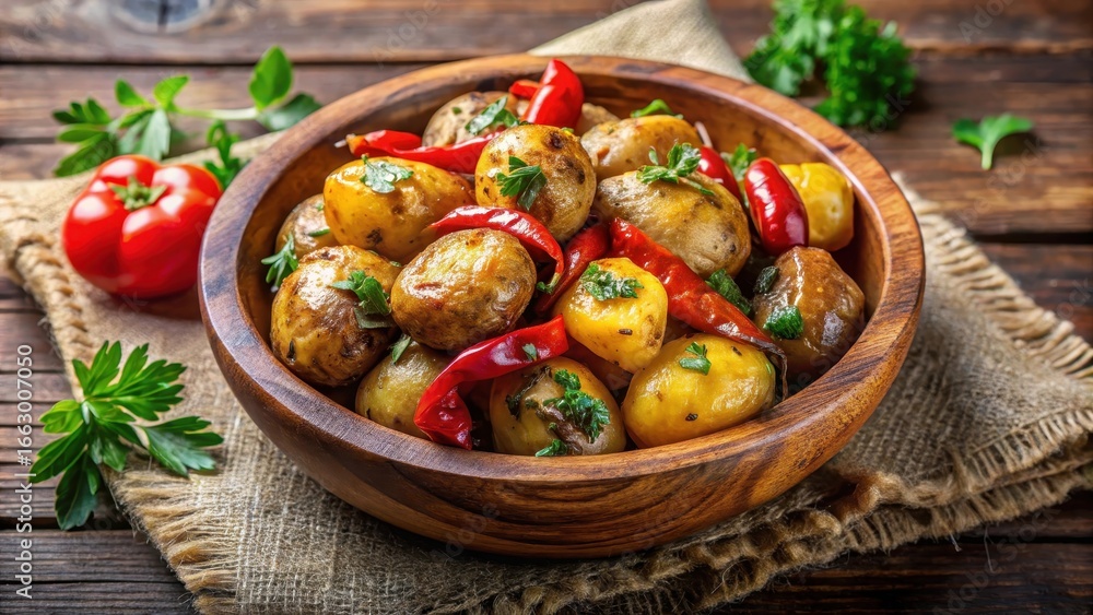 Obraz premium Roasted potatoes in a wooden bowl with red peppers and parsley