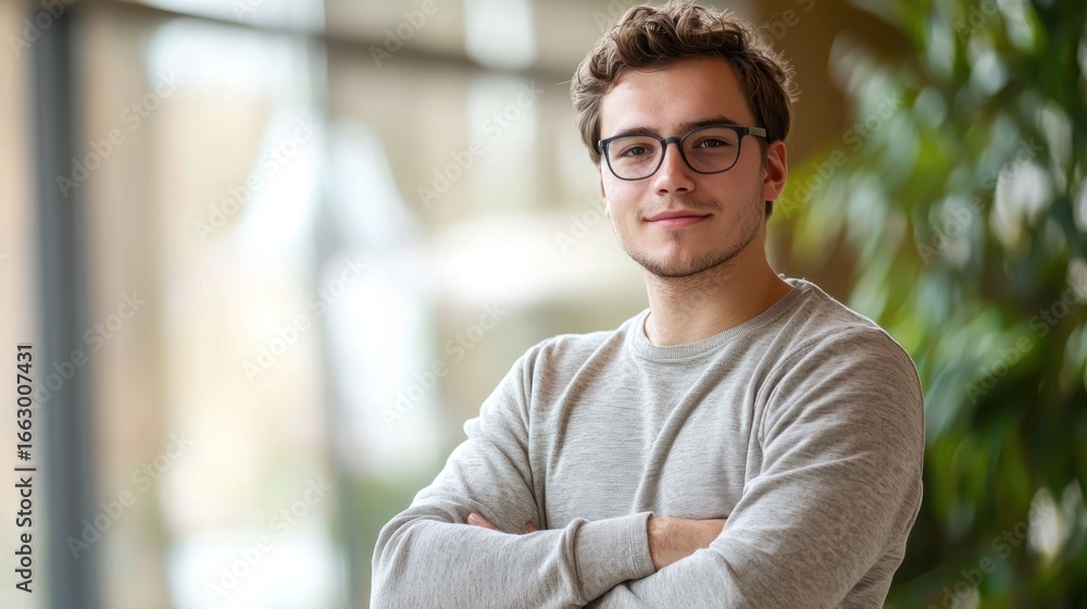 Naklejka premium A young man with glasses and a beard, wearing a gray sweater, stands in a spacious office with large windows and green plants