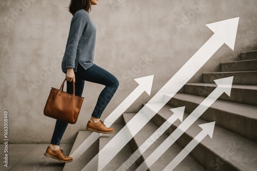 Businesswoman walking up stairs in jeans and heels with a brown leather handbag and upward arrows, symbolizing career growth, progress and success
