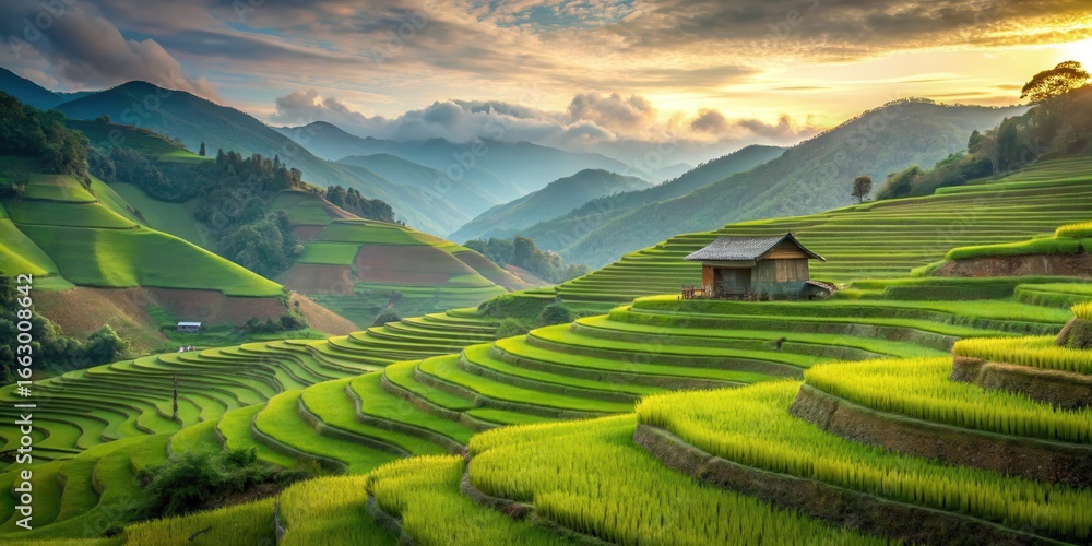 Obraz premium Serene mountain retreat surrounded by lush green rice terraces and rolling hills