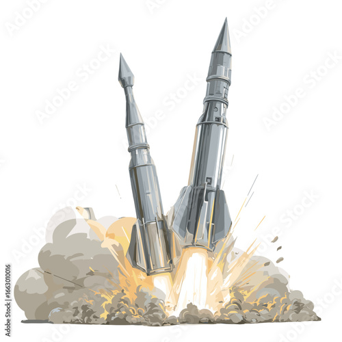 Two rockets launching, creating a powerful display of smoke and fire.