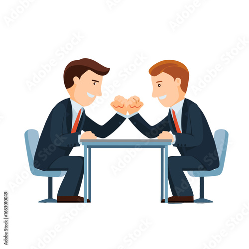 Two businessmen arm wrestling on a table, a symbol of competition and strength.
