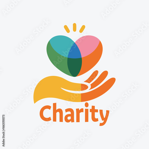 Colorful logo with a hand supporting a vibrant heart composed of overlapping shapes charity giving  charity day vives