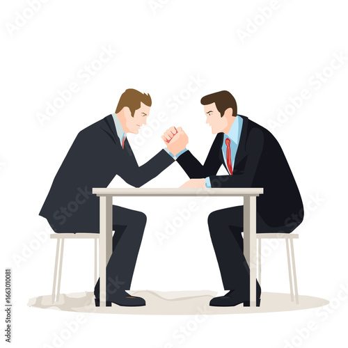 Two businessmen arm wrestling at a table, symbolizing competition and struggle.