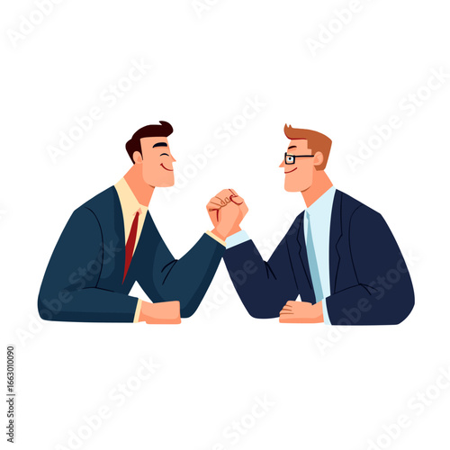 Two businessmen arm wrestling, symbolizing competition.