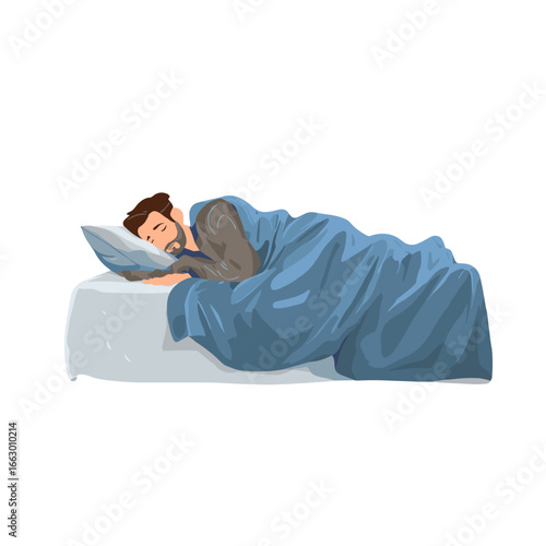 A man deeply asleep and resting peacefully in bed.