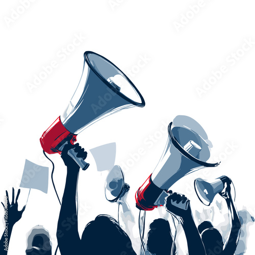 People raise their hands to protest for demands using the megaphone.