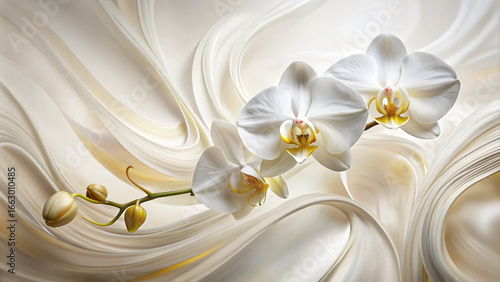 White orchids on abstract cream swirling background