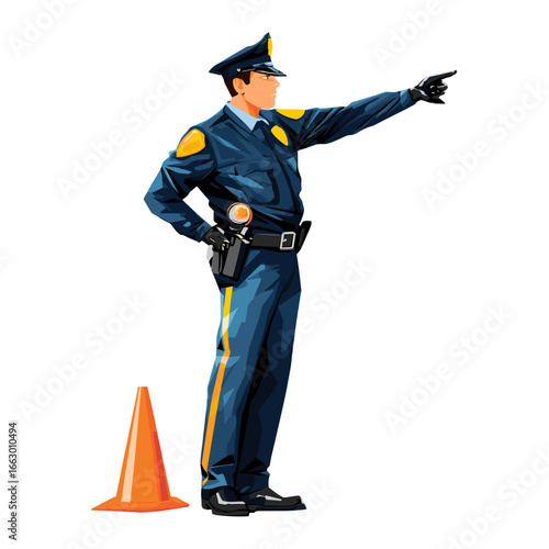 A Policeman directing traffic with traffic cone.