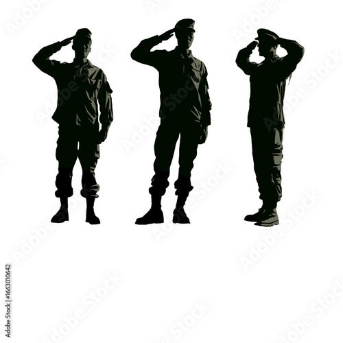 Silhouetted soldiers standing at attention and saluting with different angles.