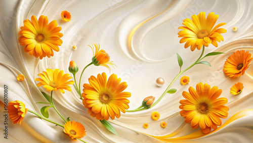 Calendula with abstract swirling waves on white cream background