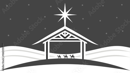 Nativity scene illustration with star of bethlehem stable and three wise men silhouette 
