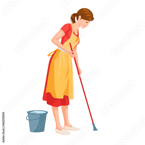 A woman mopping the floor with a bucket and mop.