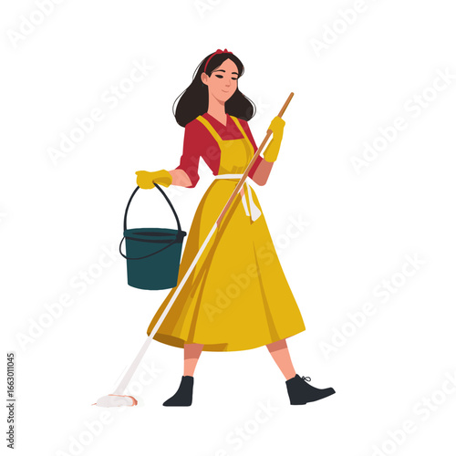 A woman cleaning her home, holding a mop and a bucket.
