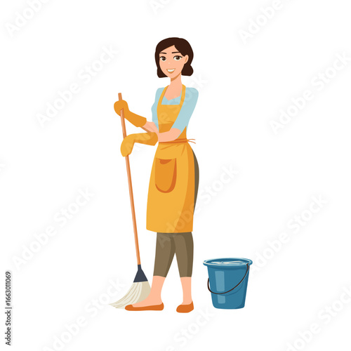 A woman holding a mop next to a cleaning bucket, ready for cleaning.