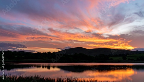 Wallpaper Mural Vibrant Sunset over Calm Lake and Hills Torontodigital.ca