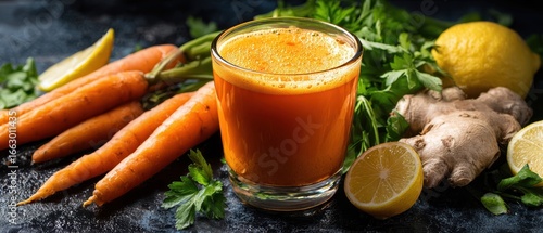 The Fresh Carrot Ginger Juice in Glass Surrounded by Fresh Produce