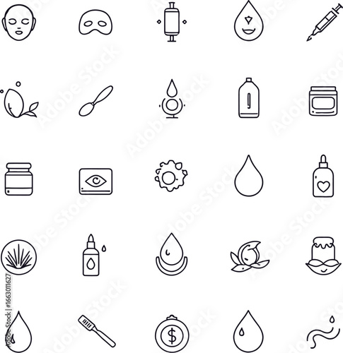 Cosmetic skincare icons set with beauty face mask serum oil drop cream jar and wellness treatment outline vector design