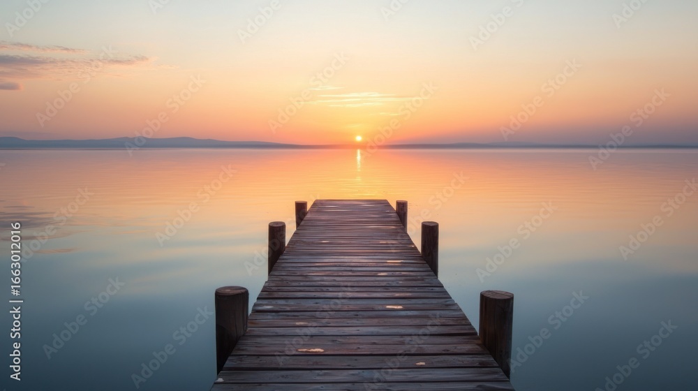 Fototapeta premium A wooden pier extending into a calm body of water at sunset, with a single sun low on the horizon, casting a warm glow over the scene.