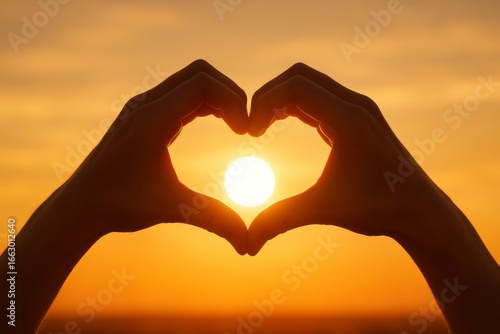 Hands forming heart shape framing glowing sun at sunset against warm orange sky symbolizing love, romance and unity