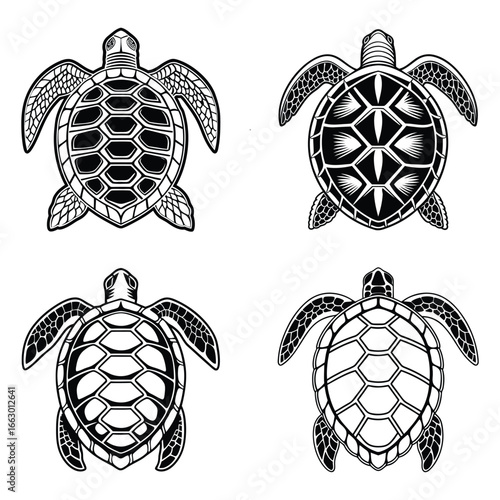 Four detailed sea turtle outline designs ideal for nautical tattoo and marine life graphics 