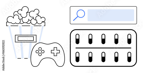 Popcorn bucket, game controller, search bar, and audio playlist control sliders. Ideal for gaming, movies, streaming, music, entertainment tech interfaces simple landing page