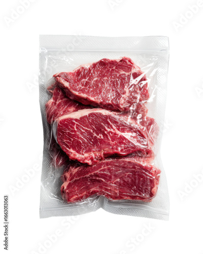 Beef steaks in transparent polyethylene film wrap packaging, transparent background, overhead view, photography.