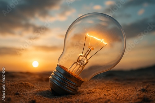 Glowing incandescent light bulb lying on sandy ground at sunset with warm golden sky reflecting off glass symbolising innovation and energy concept