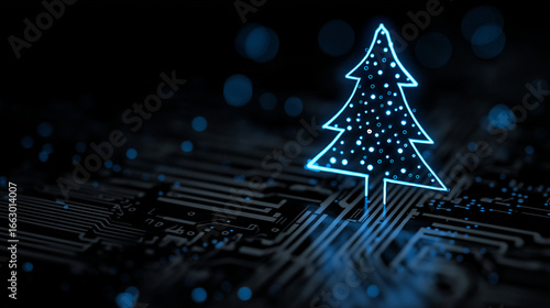 Abstract christmas tree in circuit network digital technology electronic concept. Vector illustration . Glowing xmas tree from Dark  Circuit Board , blue lights