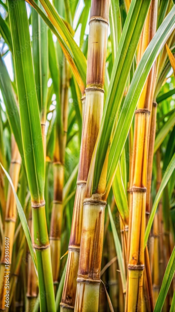 Fototapeta premium Close-up of sugarcane leaves and stems with intricate details and textures