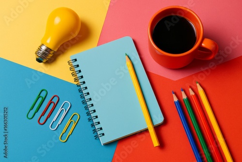 Colorful flat lay with blue and red spiral notebooks, paper clips, binder clips, yellow notepad and pencil on vibrant multicolor background for office supplies concept