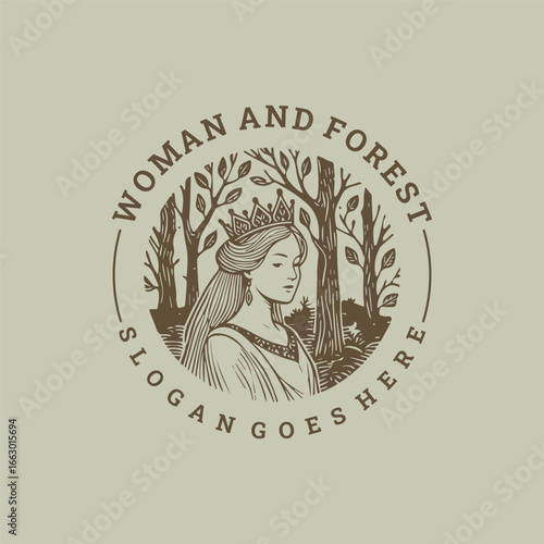 Woman forest logo in vintage style, symbol of harmony and nature.