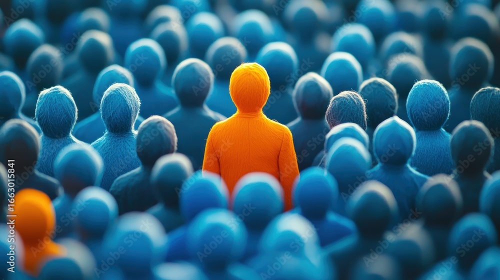 Obraz premium A solitary orange figure stands out against a sea of blue, with a blurred background suggesting a bustling crowd.