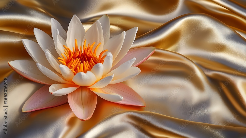 Fototapeta premium A water lily resting on a shimmering golden silk fabric with soft lighting