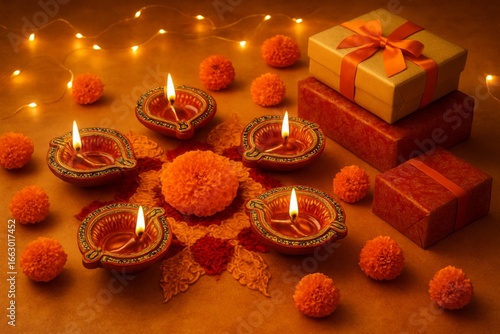 Still life of Diwali clay oil lamps with marigold pom poms and traditional gift boxes on festive surface with sparkling lights